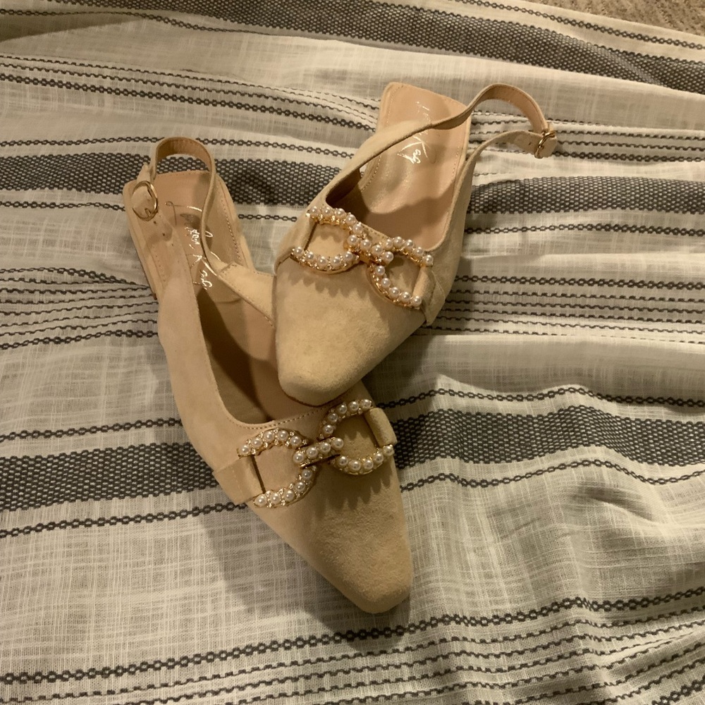 Pearl-Embellished Beige Suede Slingback Flats
